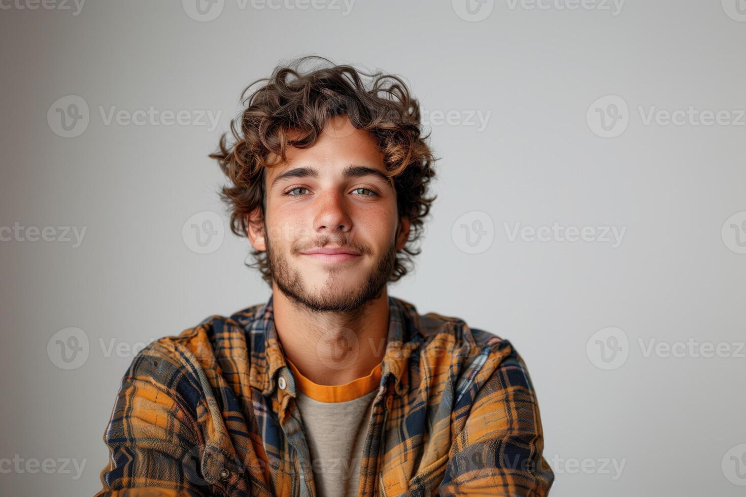 AI generated Portrait of a handsome young man with curly hair looking at camera photo