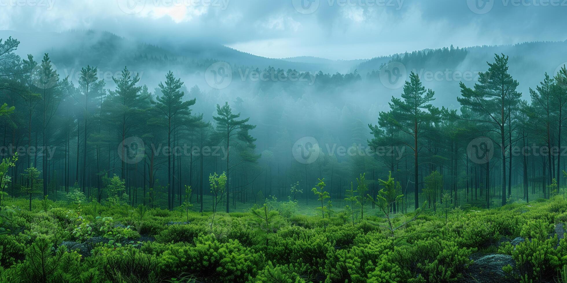 AI generated clearing of foggy mountain forest in the morning, beautiful nature scenery. photo