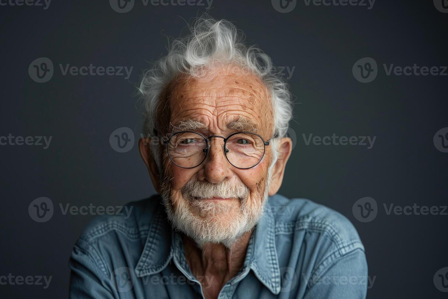 ai generado retrato de sonriente mayor hombre en los anteojos en un sólido gris antecedentes foto