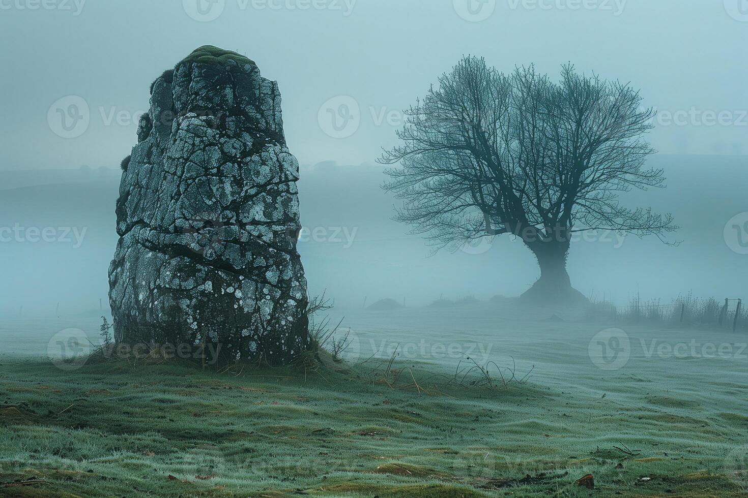 AI generated mysterious lonely megalith in a cold morning fog photo