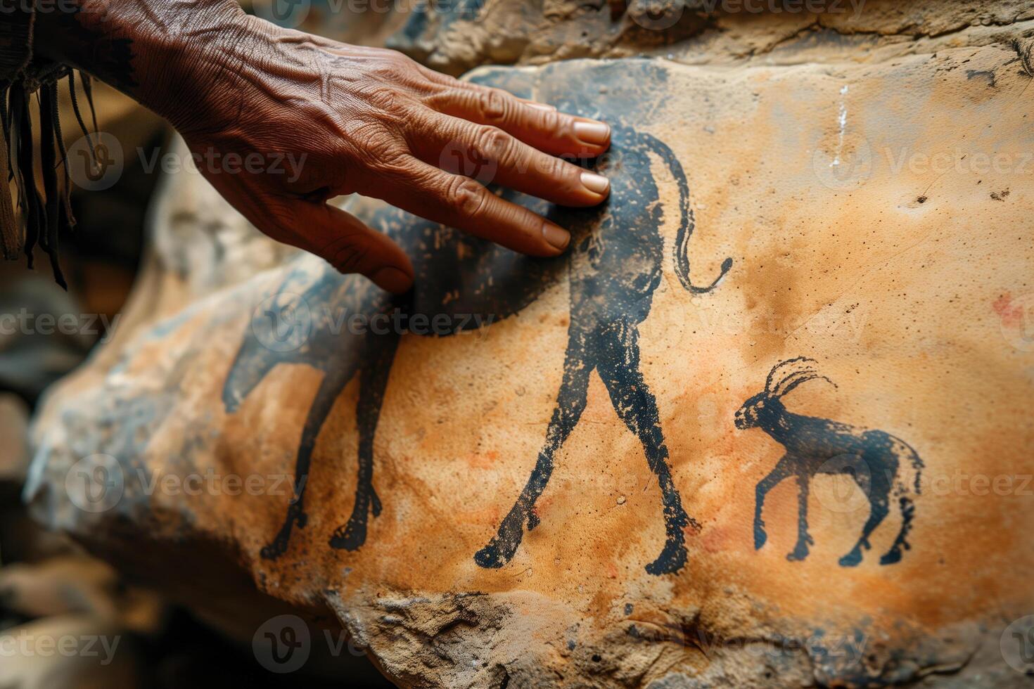 AI generated cave painting, the hand of an indigenous person touches an ancient stone with animals depicted on it photo