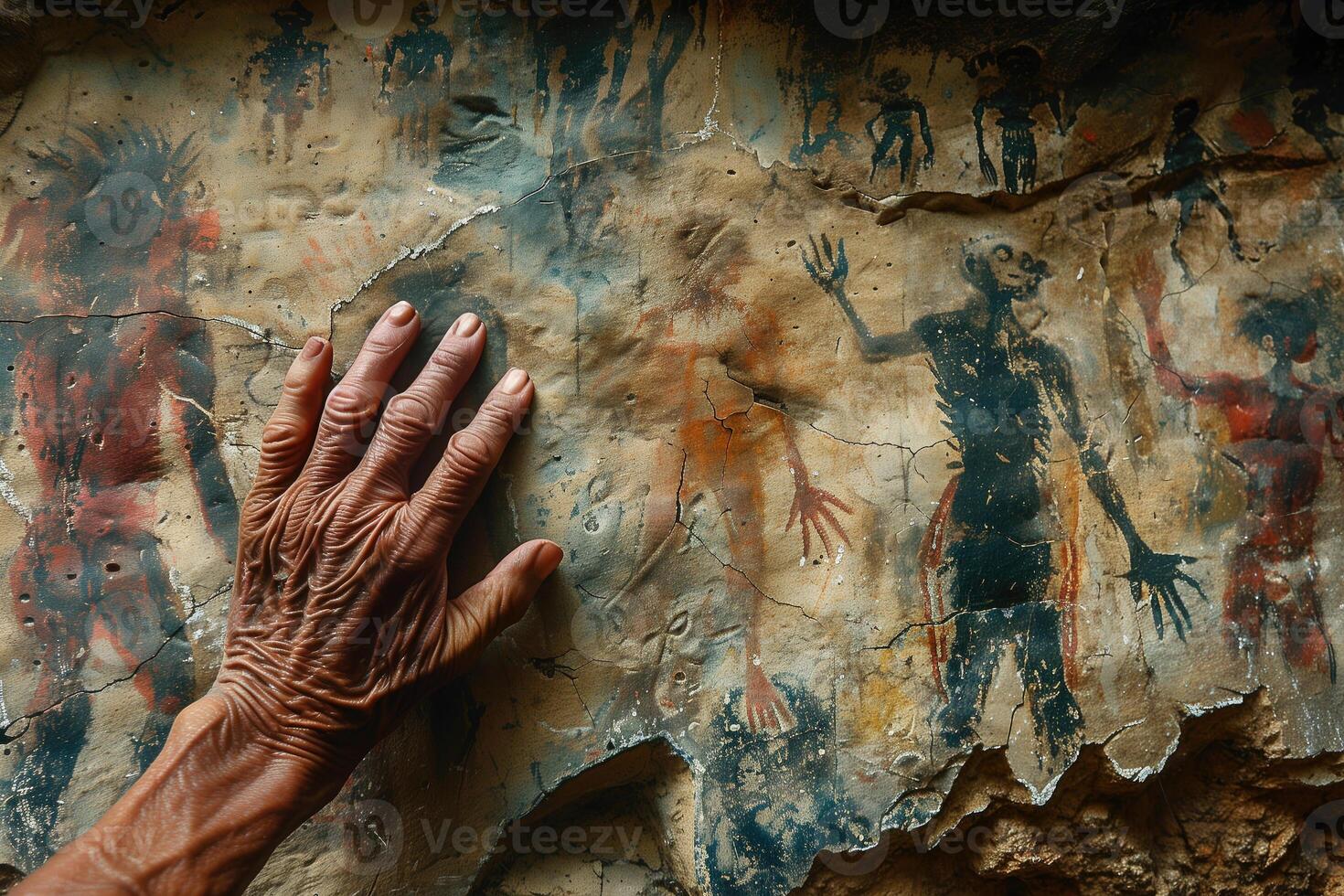 AI generated cave painting, the hand of an indigenous person touches an ancient stone with mysterious silhouettes depicted on it photo