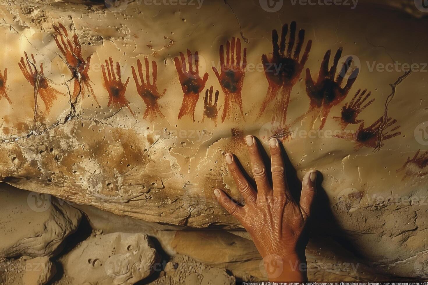 AI generated cave painting, the hand of an indigenous person touches an ancient stone with many palms depicted on it photo