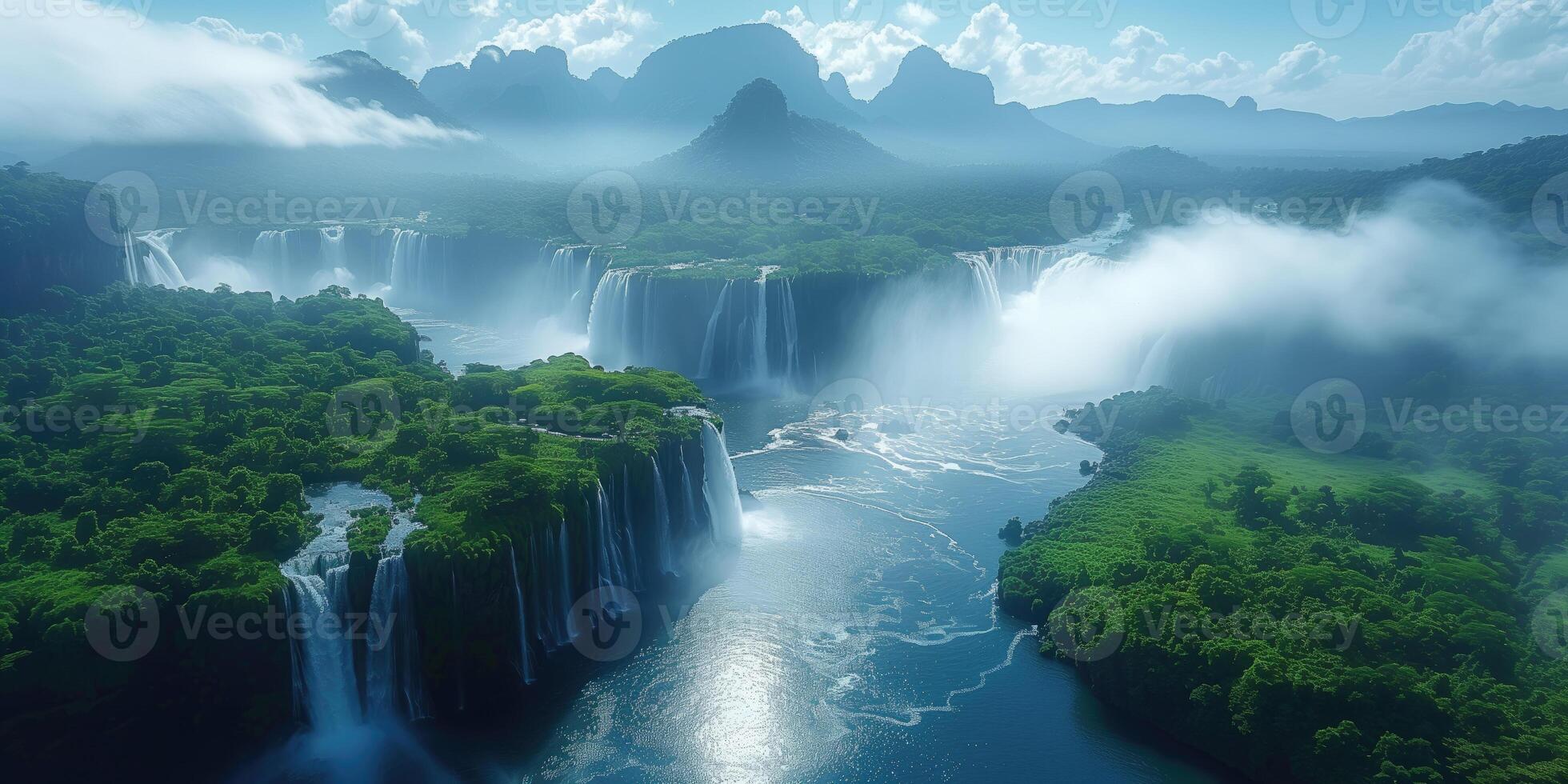 AI generated aerial view of a series of waterfalls in the tropical jungle photo