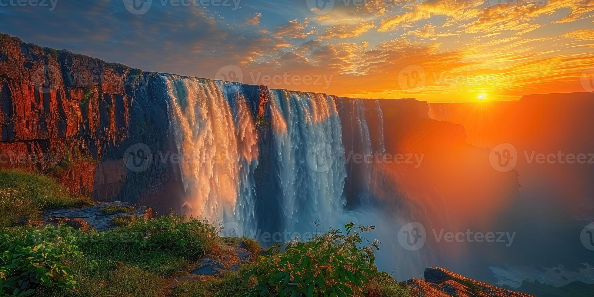 AI generated panoramic view of a large waterfall at dawn photo