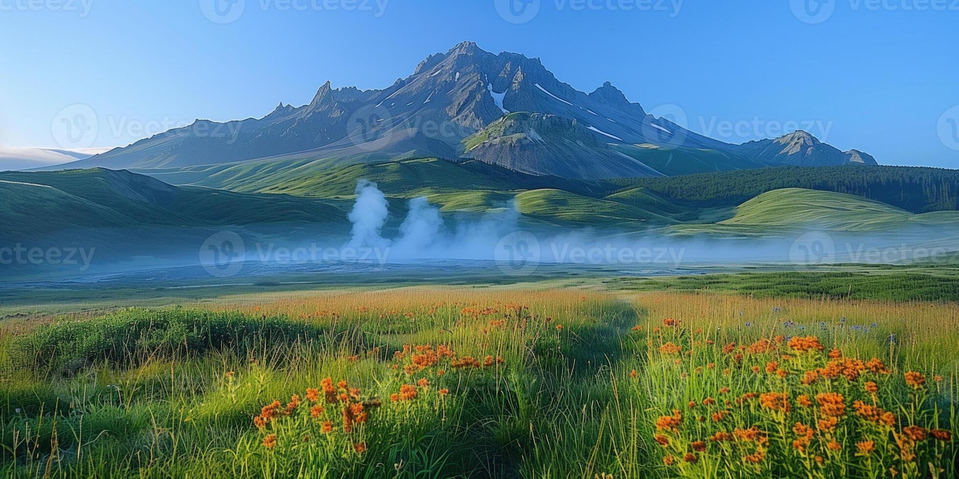 AI generated view of volcanic valley with hydro thermal spring photo