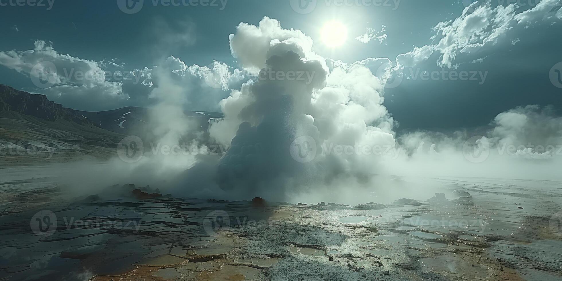 AI generated erupting water geyser in the sun rays photo