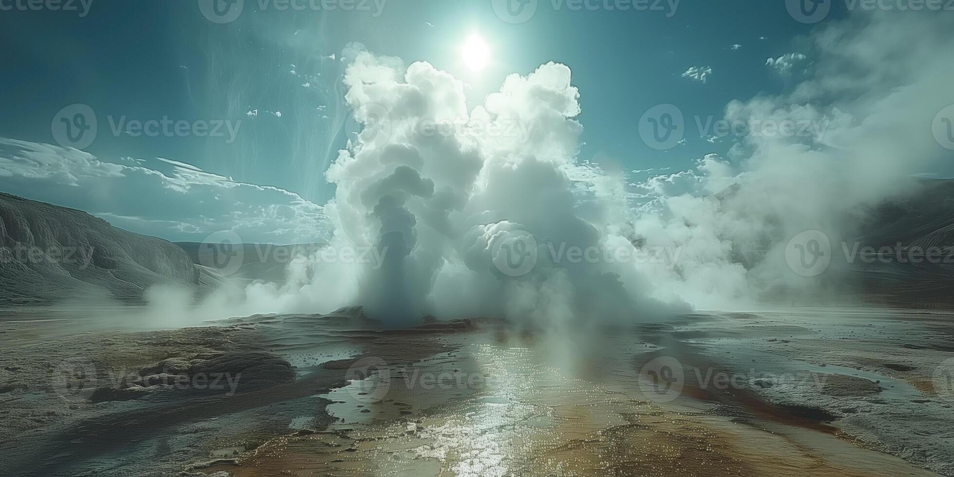 AI generated erupting water geyser in the sun rays photo