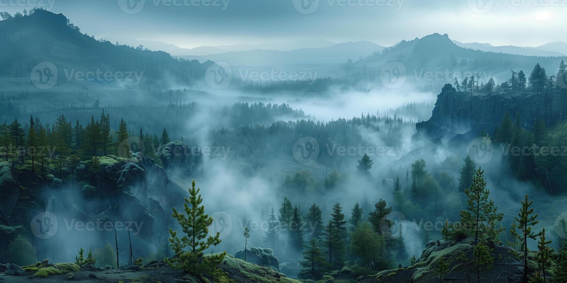 AI generated Panoramic view of the misty valley at sunrise. Beauty in nature. photo