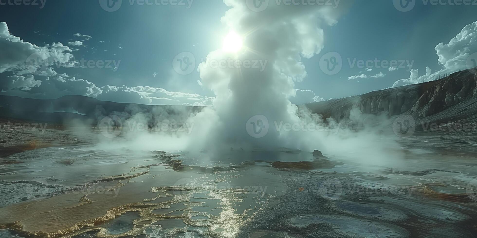 AI generated erupting water geyser in the sun rays photo