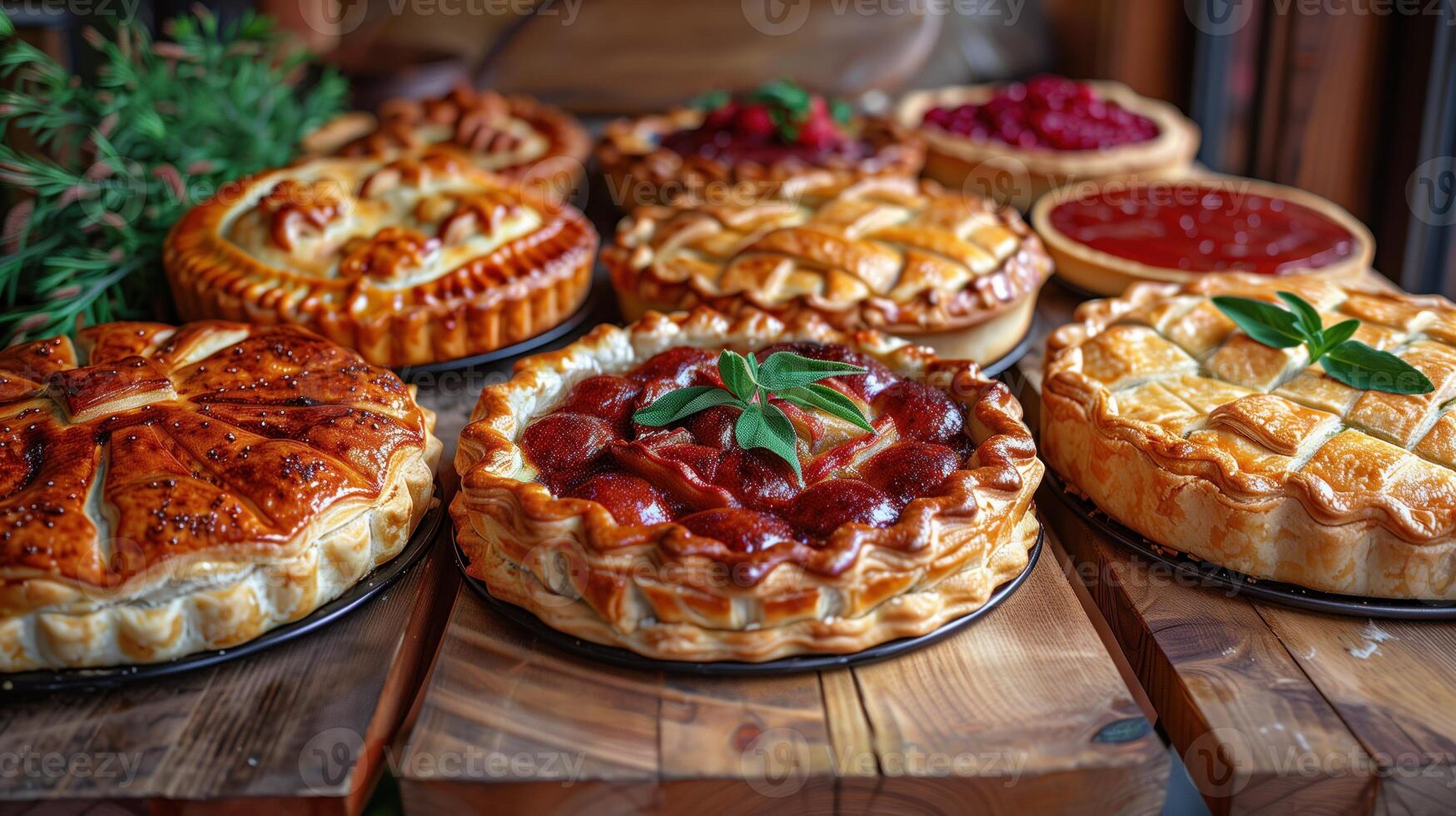 AI generated different fruit pies on a wooden table photo