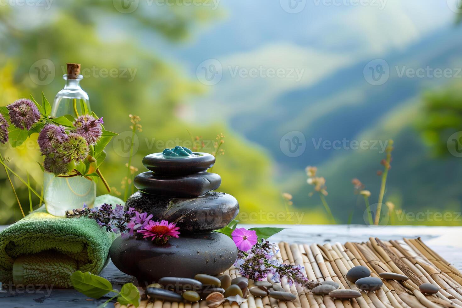 AI generated Bamboo Mat With Rocks and Water Bottle photo