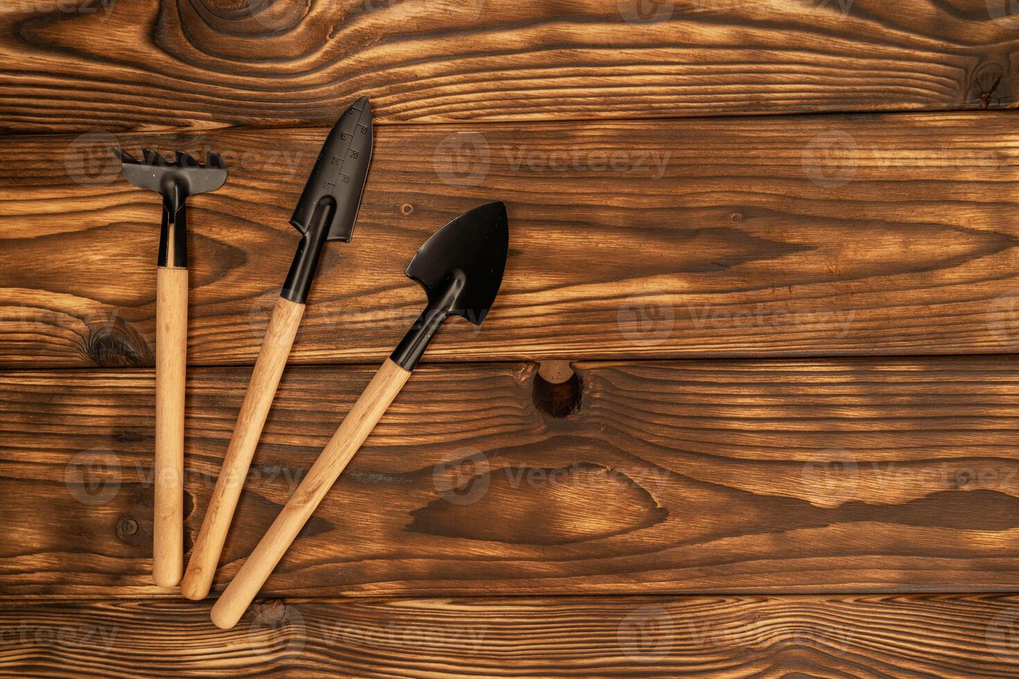 collection of miniature gardening tools, including shovels and rakes photo