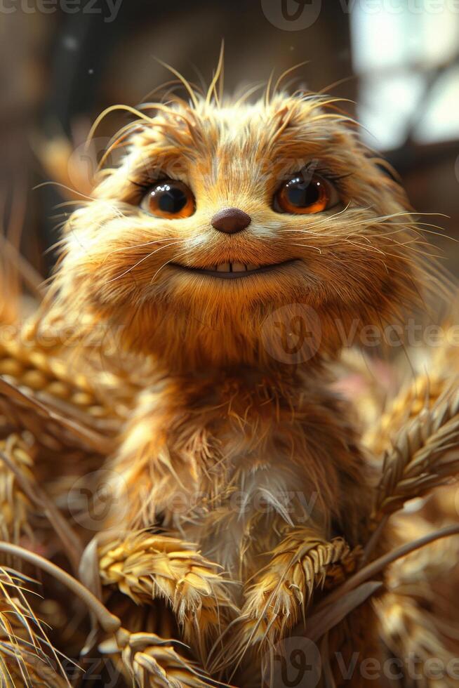AI generated A cheerful cartoon sunny character in a field with wheat. 3d illustration photo