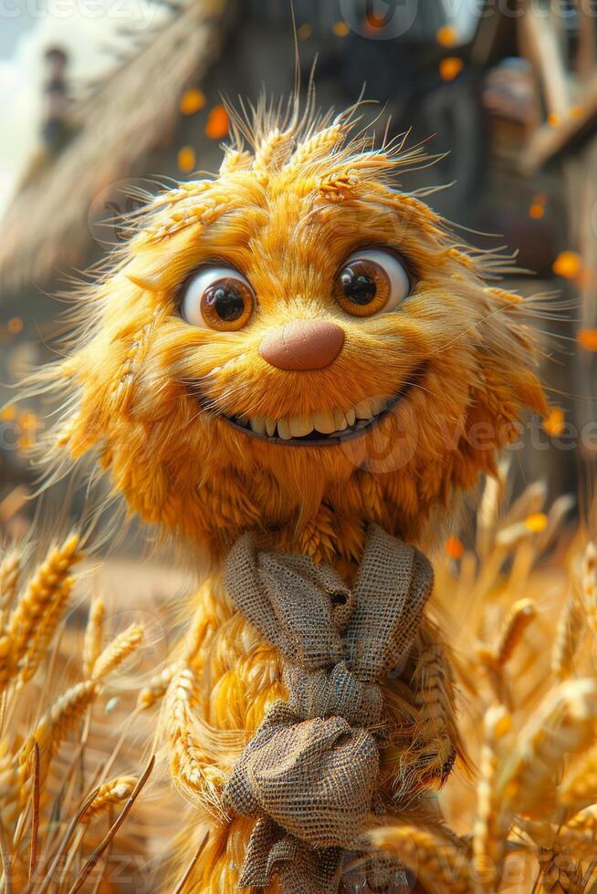 AI generated A cheerful cartoon sunny character in a field with wheat. 3d illustration photo