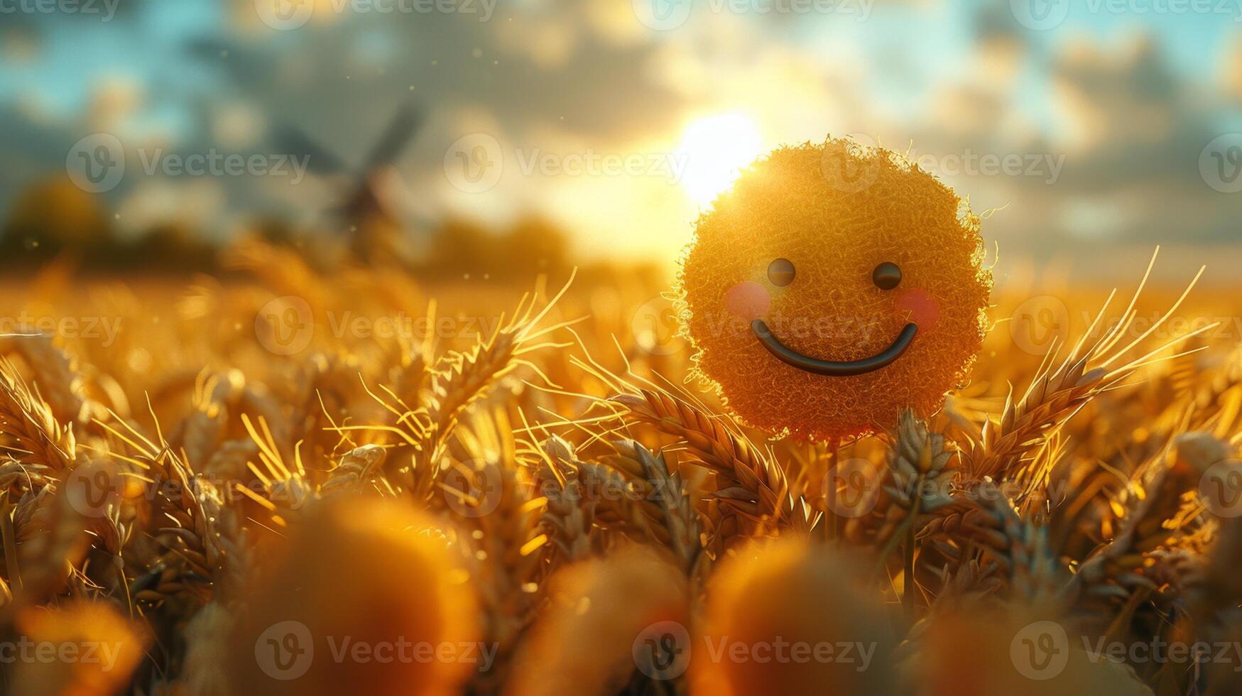 AI generated A cheerful cartoon sunny character in a field with wheat. 3d illustration photo