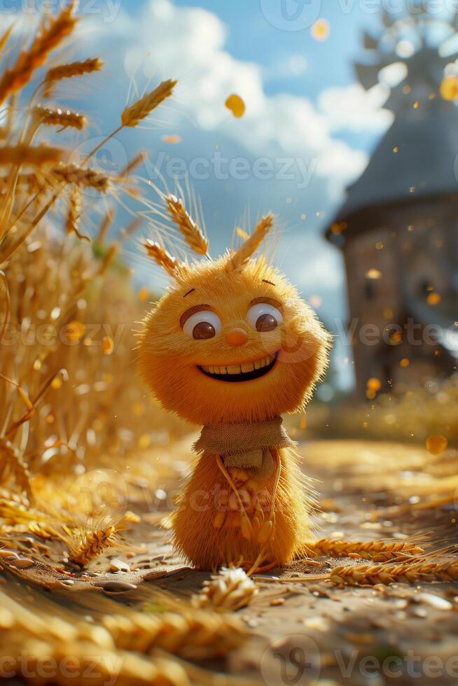 AI generated A cheerful cartoon sunny character in a field with wheat. 3d illustration photo