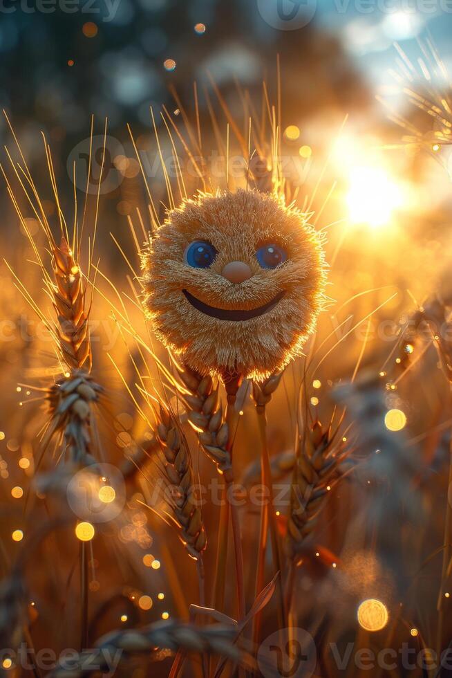 AI generated A cheerful cartoon sunny character in a field with wheat. 3d illustration photo