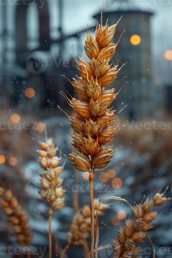 AI generated Ears of golden wheat in close-up. Beautiful natural landscape at sunset. A field with wheat photo