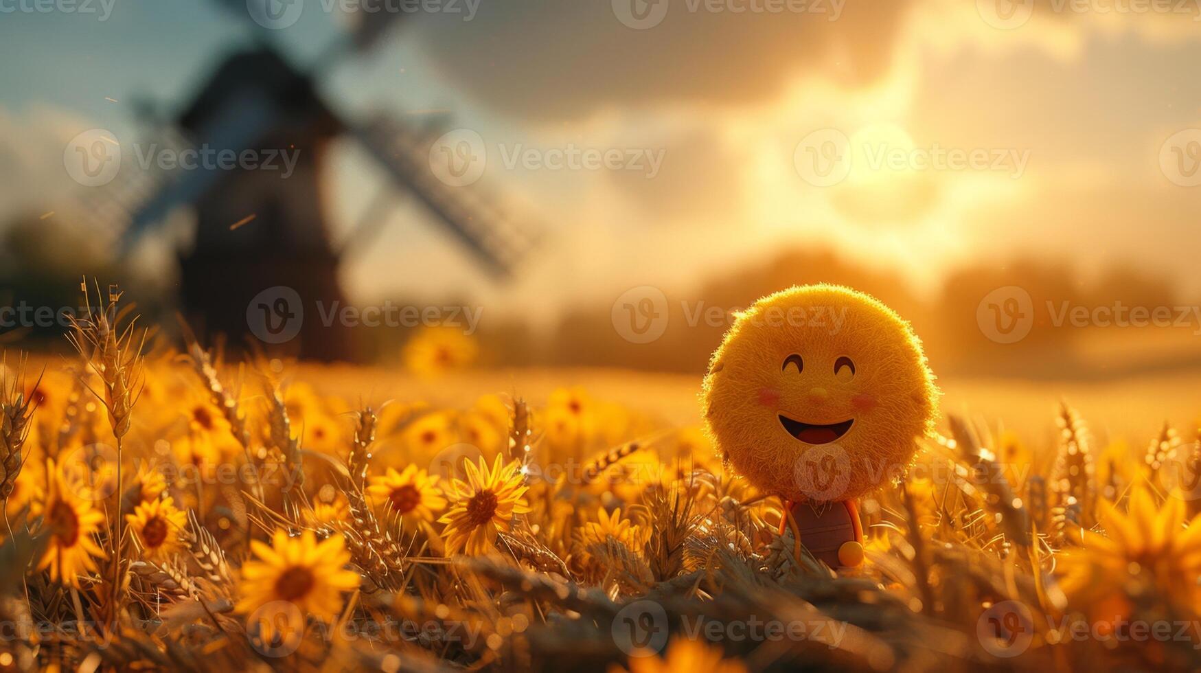 AI generated A cheerful cartoon sunny character in a field with wheat and a mill. 3d illustration photo