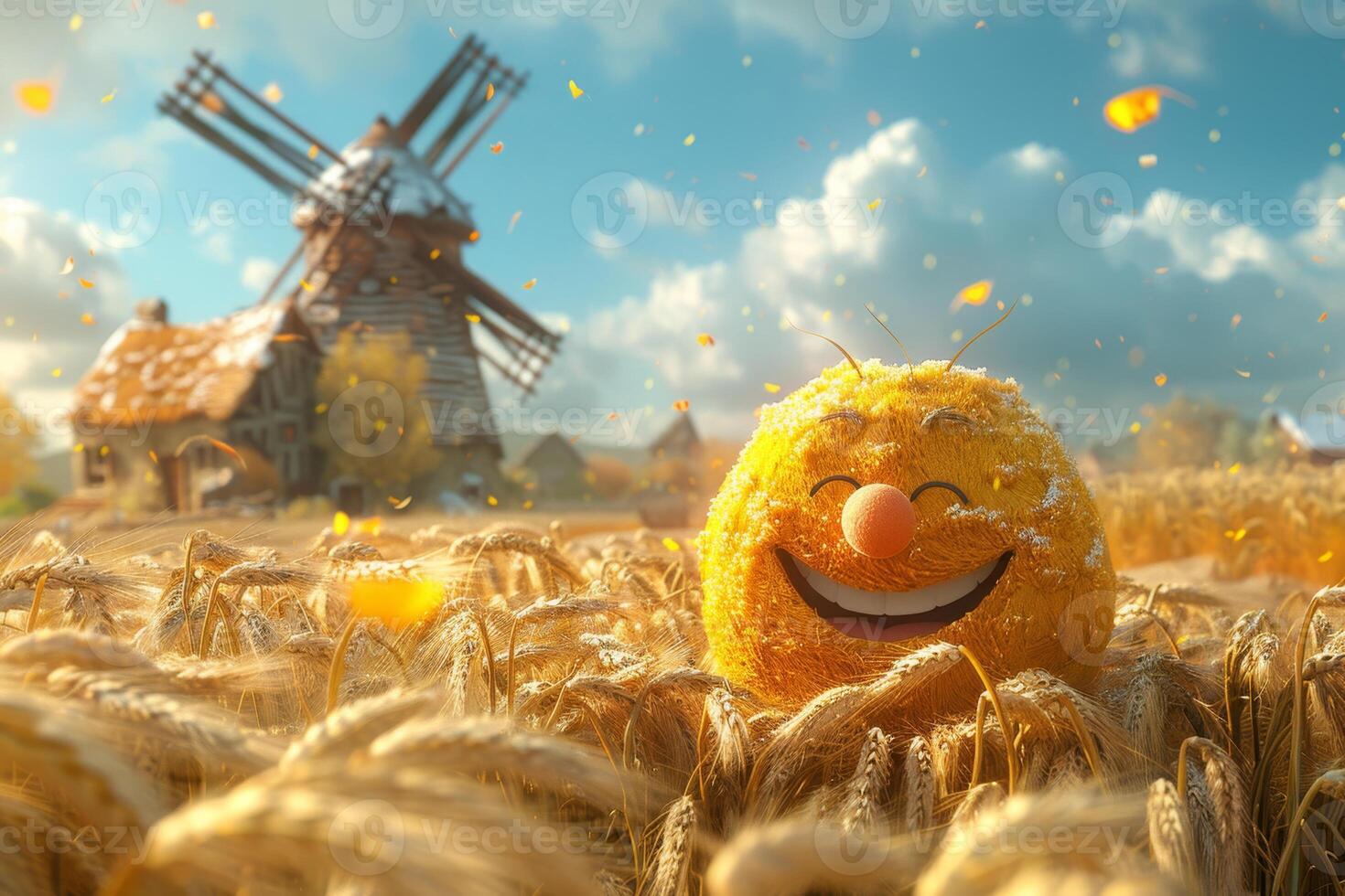 AI generated A cheerful cartoon sunny character in a field with wheat and a mill. 3d illustration photo