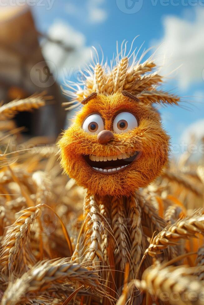 AI generated A cheerful cartoon sunny character in a field with wheat. 3d illustration photo