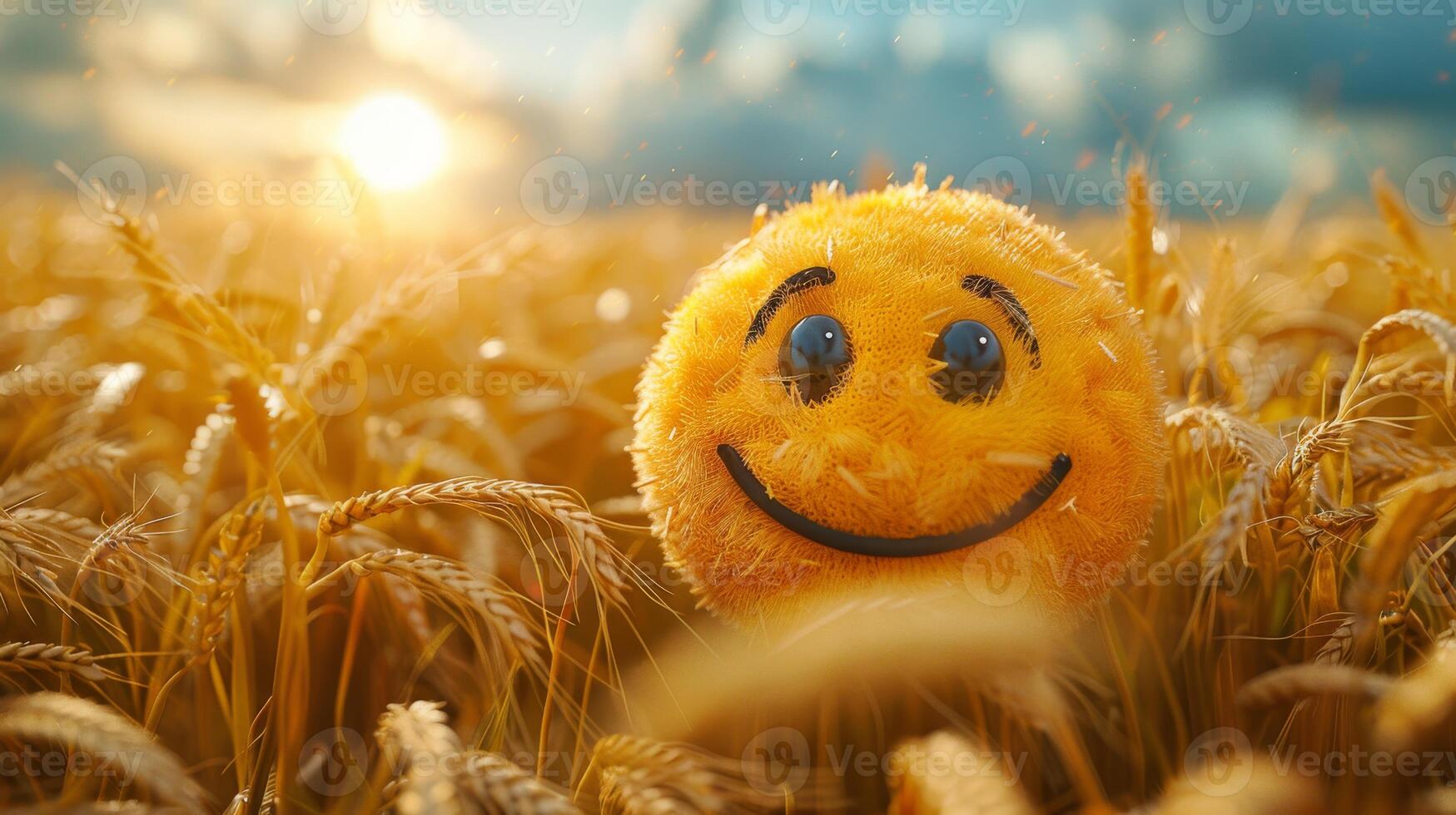 AI generated A cheerful cartoon sunny character in a field with wheat. 3d illustration photo