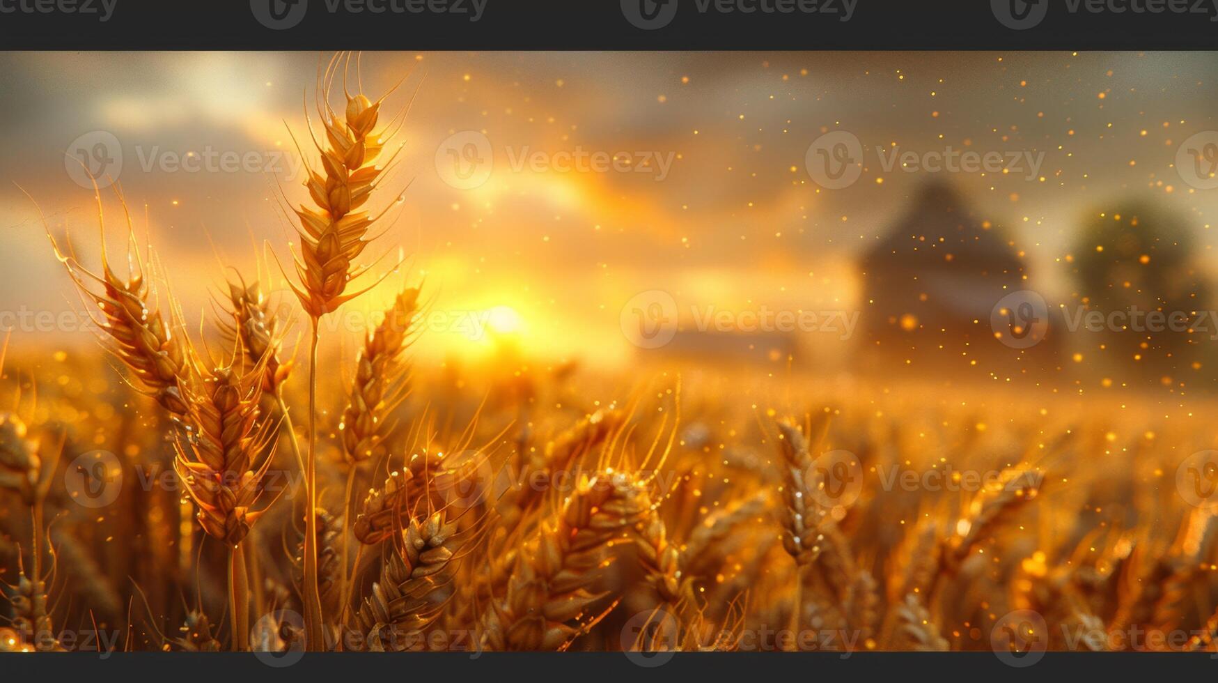 AI generated Ears of golden wheat in close-up. Beautiful natural landscape at sunset. A field with wheat photo