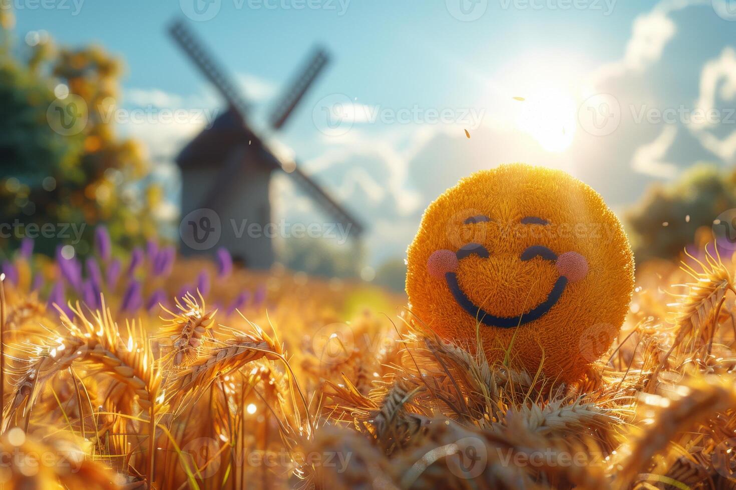 AI generated A cheerful cartoon sunny character in a field with wheat and a mill. 3d illustration photo