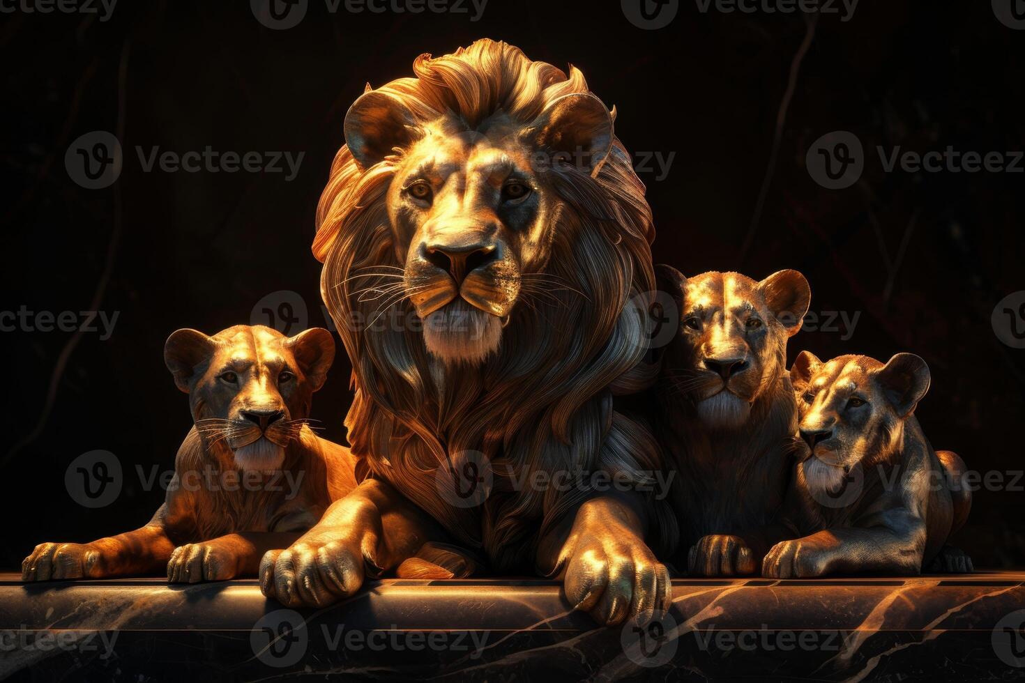 AI generated A statuette of a Family of lions on a black background photo
