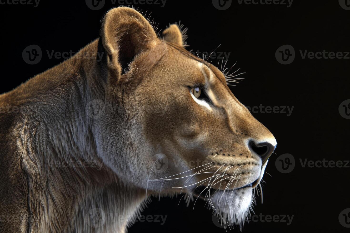 AI generated Portrait of a lioness in profile on a black background photo