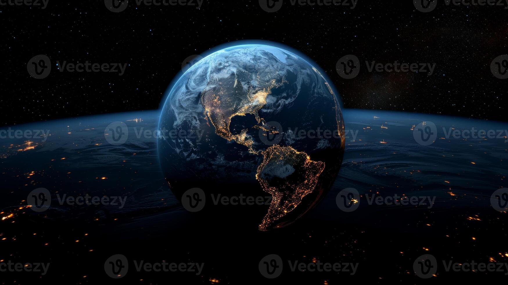 AI generated Planet Earth from outer space at night with city lights. 3d illustration photo