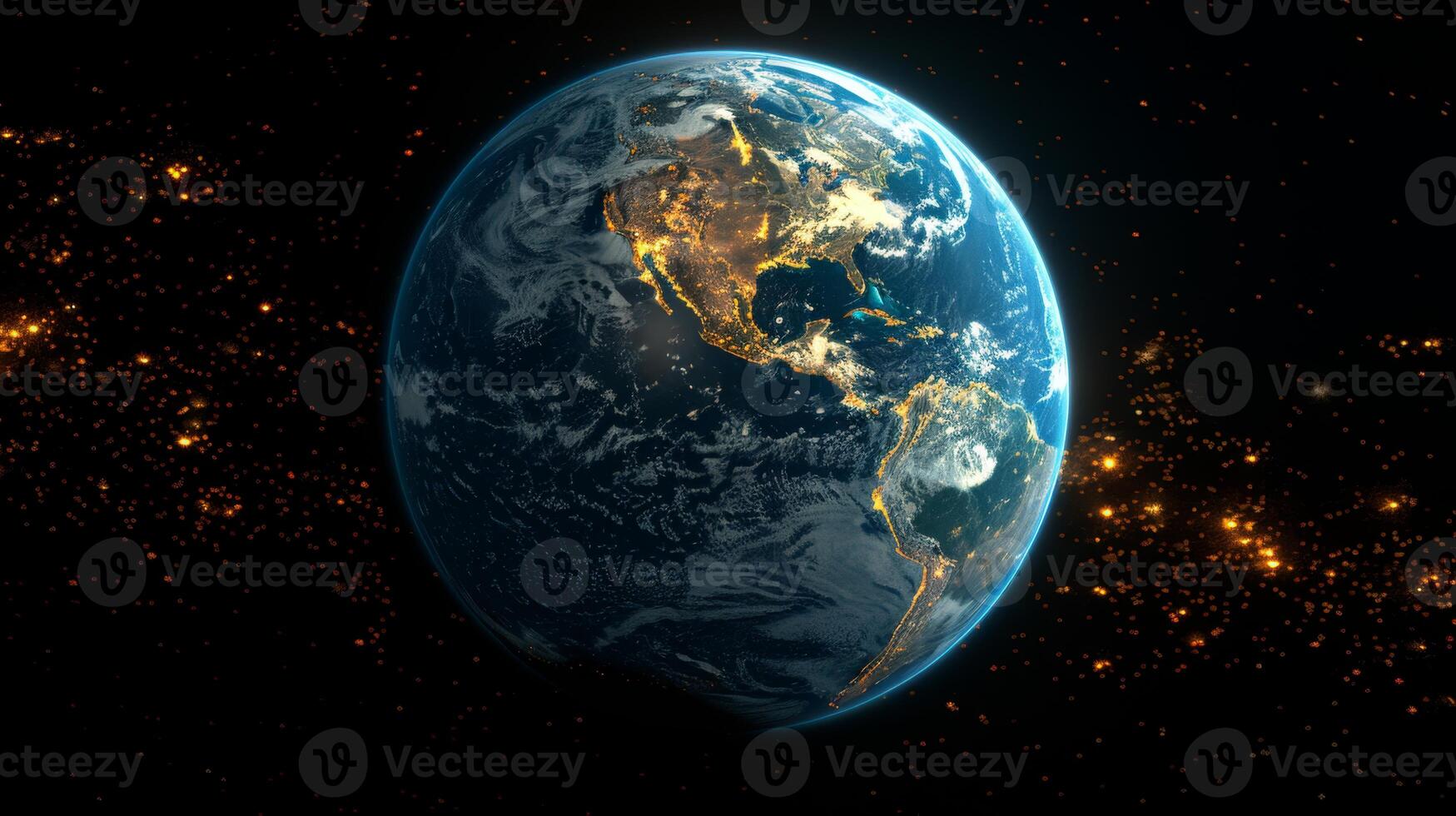 AI generated Planet Earth from outer space at night with city lights. 3d illustration photo