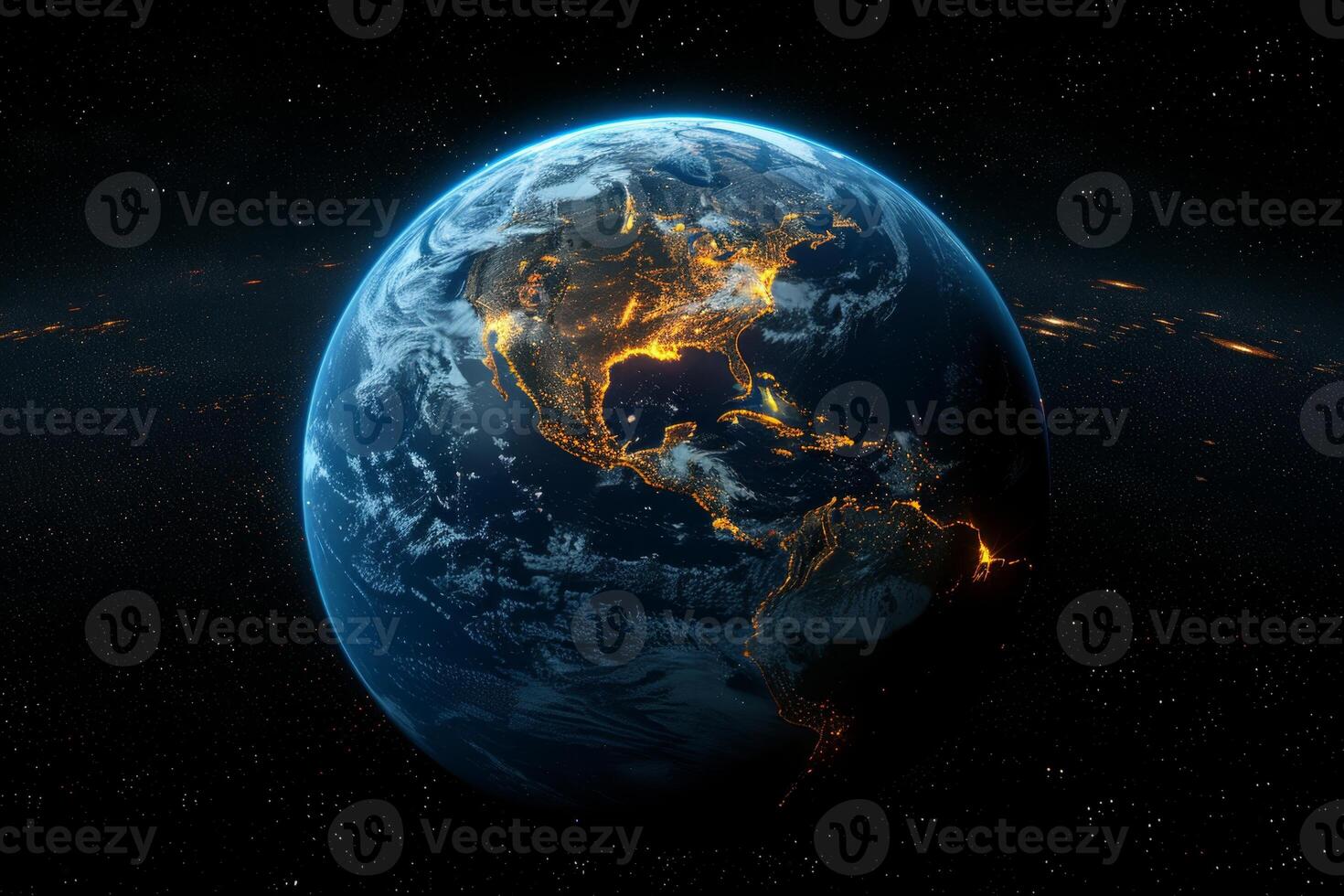 AI generated Planet Earth from outer space at night with city lights. 3d illustration photo