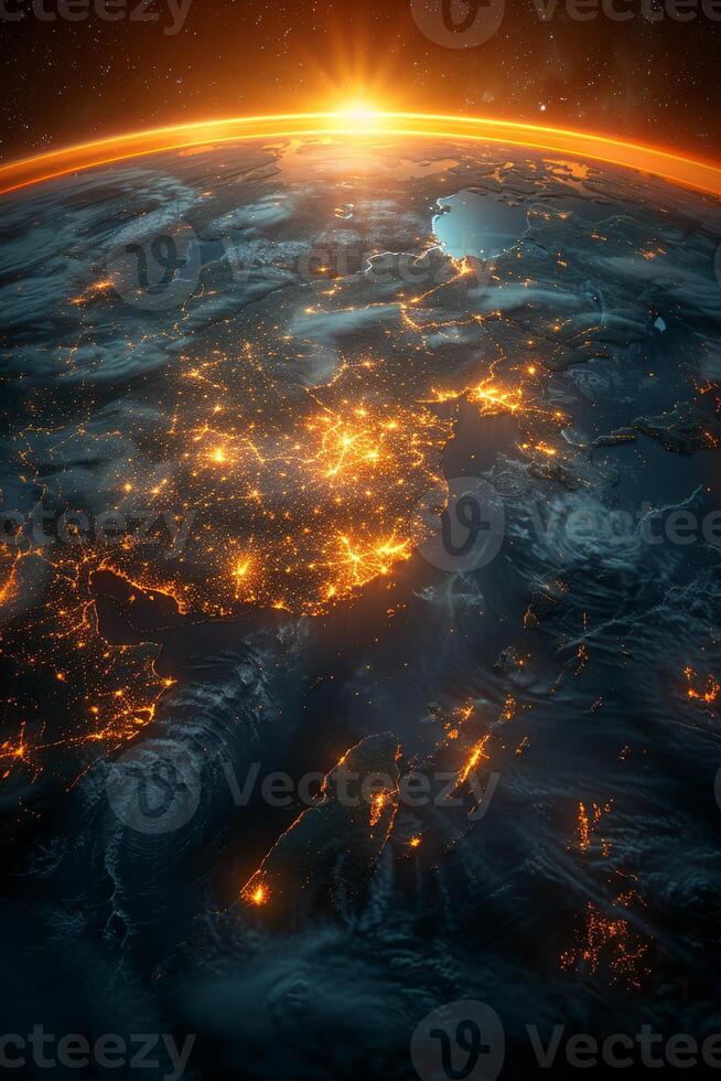 AI generated Planet Earth from outer space at night with city lights. 3d illustration photo