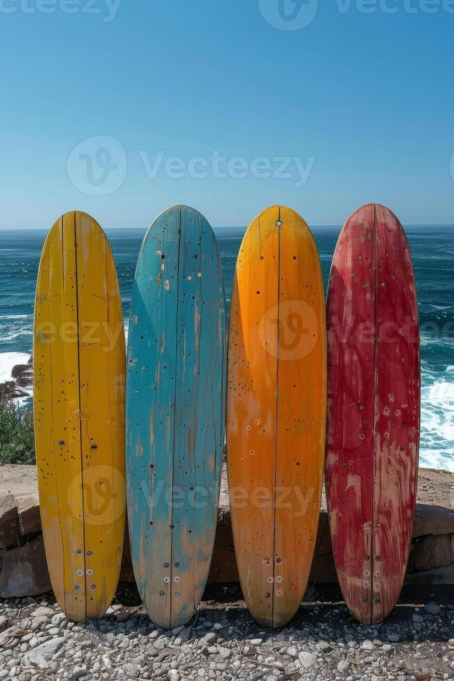 AI generated A set of SUP boards on the background of the sea. Active leisure photo