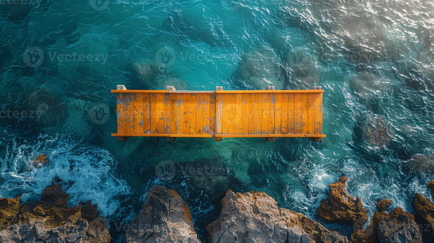 AI generated A yellow pier standing right in the sea near the shore. Top view of the pier photo