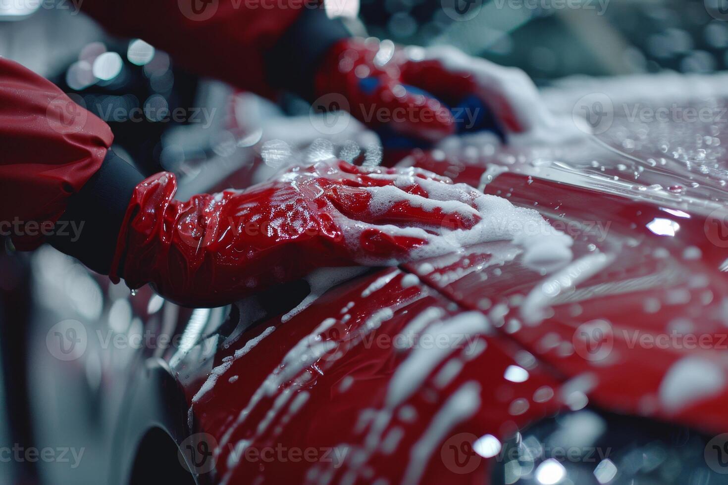 AI generated Close-up of a man's hand with a sponge with bubbles washing a car by hand photo