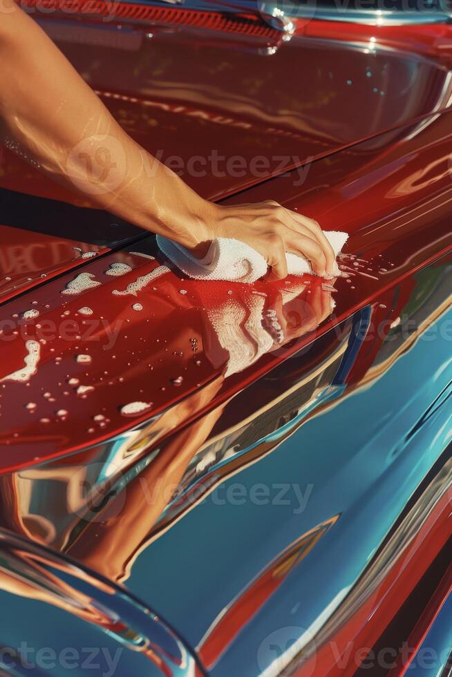 AI generated Close-up of a man's hand with a sponge with bubbles washing a car by hand photo