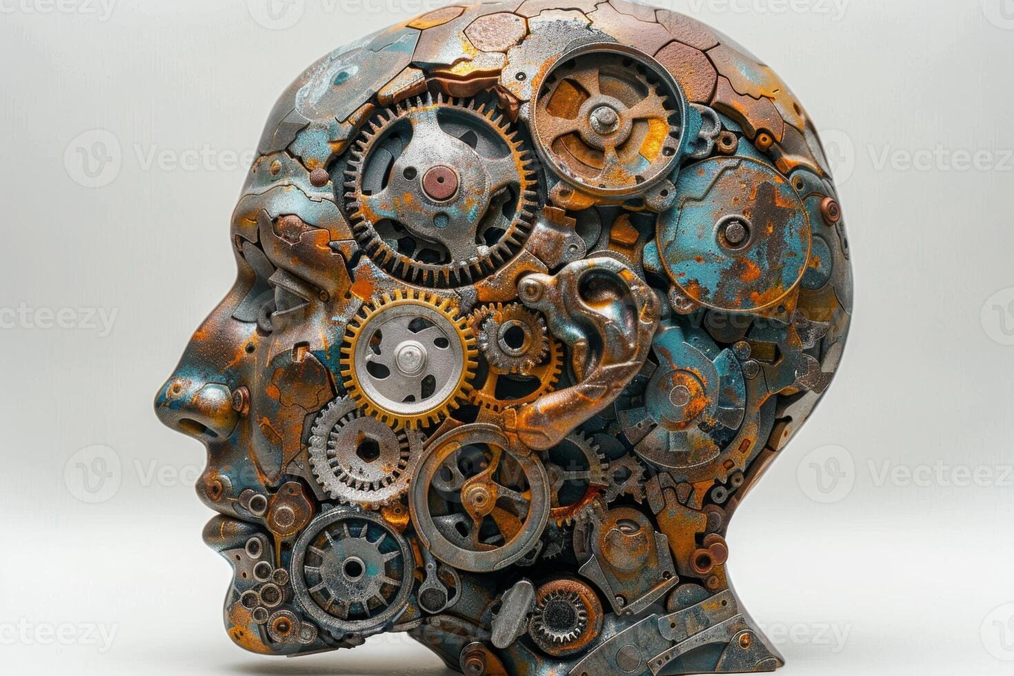 AI generated A human head with a toothed clockwork mechanism. The concept of thinking, decision-making. 3d illustration photo