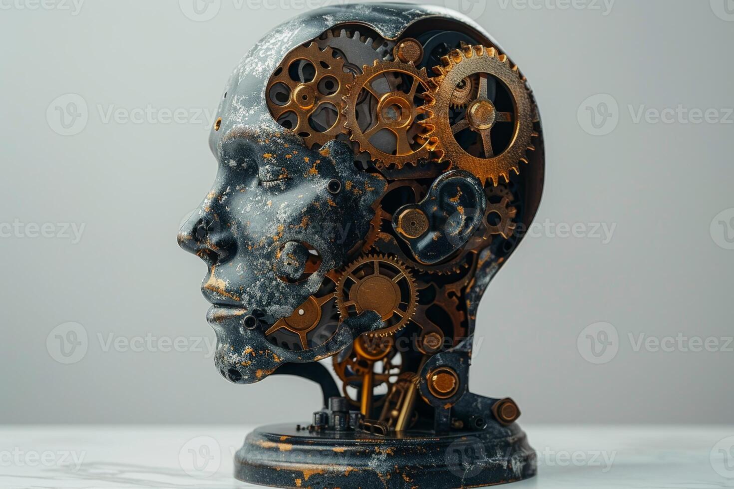 AI generated A human head with a toothed clockwork mechanism. The concept of thinking, decision-making. 3d illustration photo