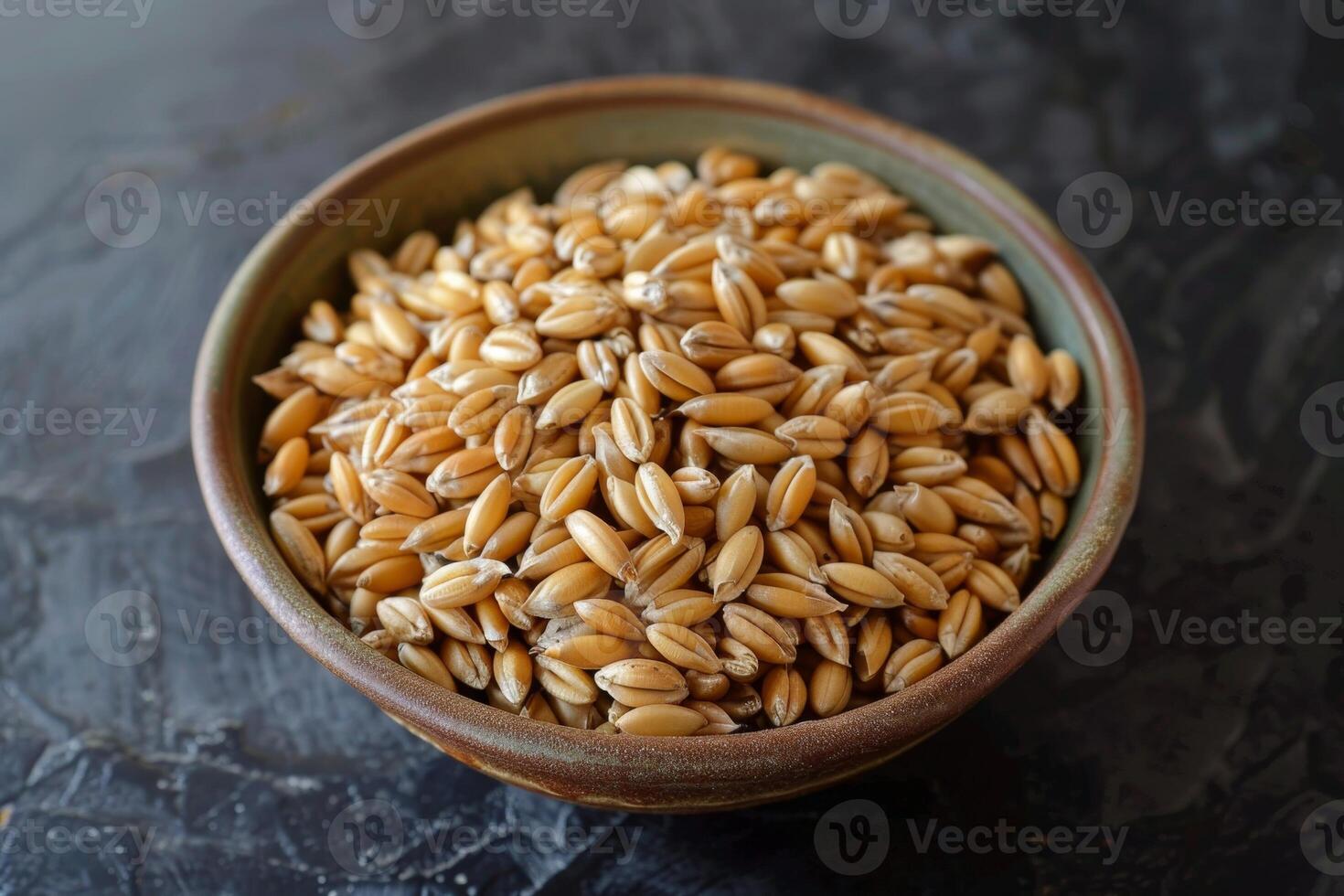 AI generated whole wheat in a plate. Wheat grains are ready to be ground photo