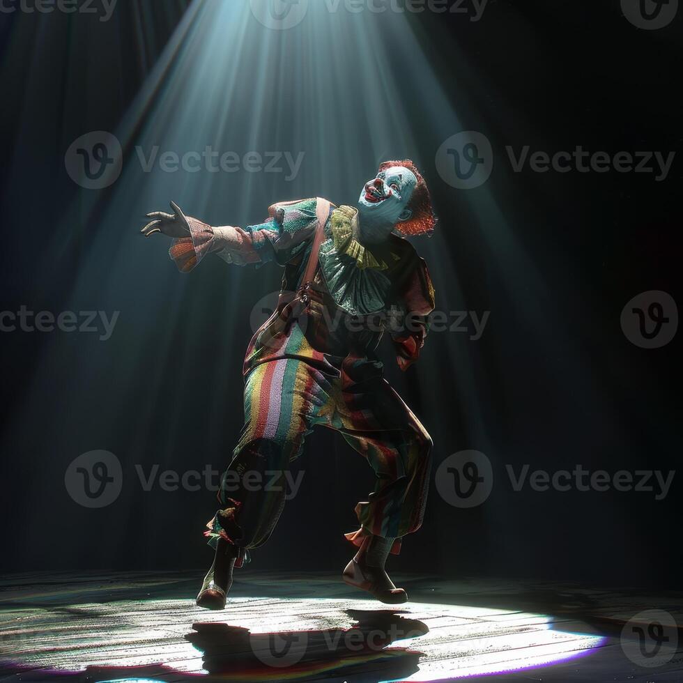 AI generated The clown performs on a dark stage. Dancing clown photo