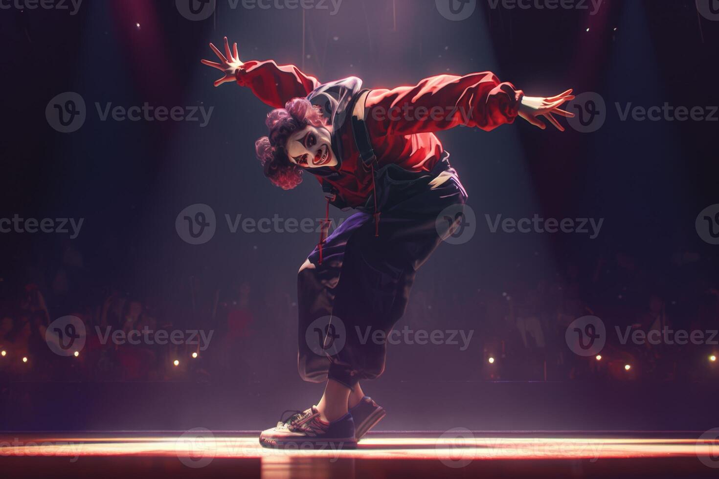 AI generated The clown performs on a dark stage. Dancing clown photo
