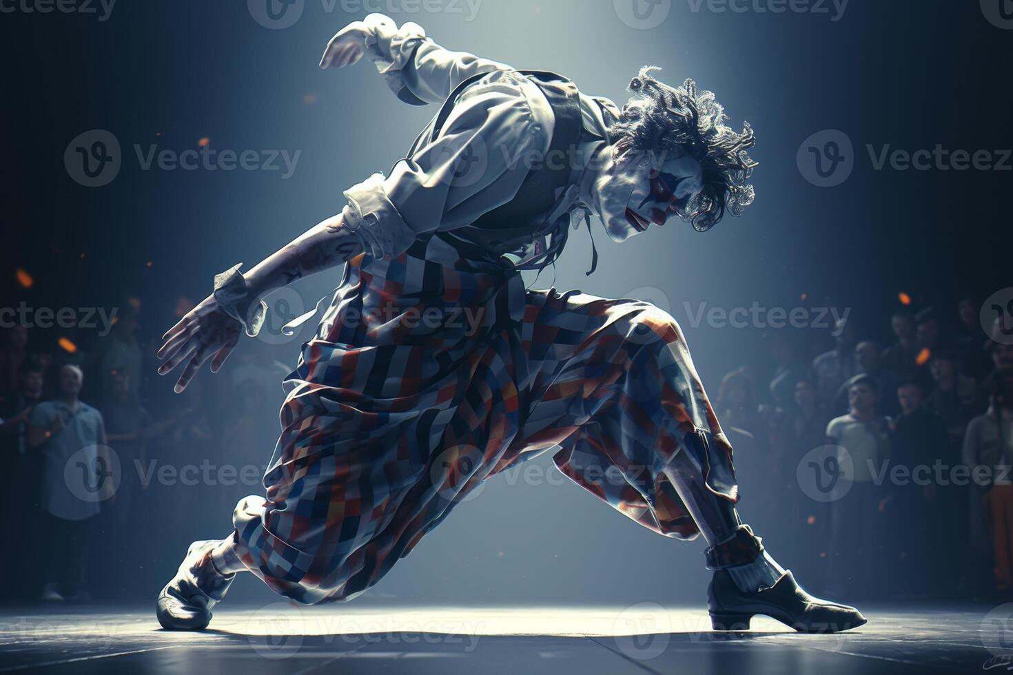 AI generated The clown performs on a dark stage. Dancing clown photo