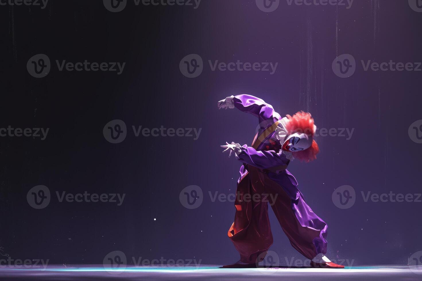 AI generated The clown performs on a dark stage. Dancing clown photo