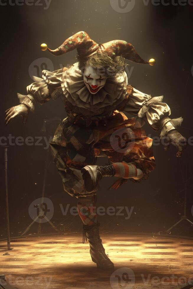 AI generated The clown performs on a dark stage. Dancing clown photo