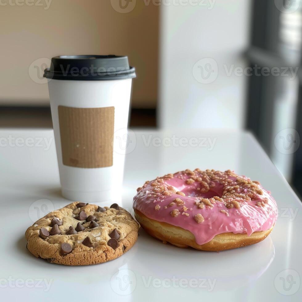 AI generated A cardboard coffee cup and two donuts are on the table photo