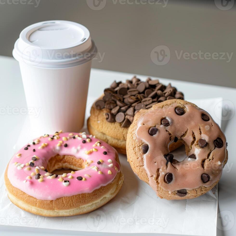 AI generated There is a cardboard coffee cup and three donuts on the table photo