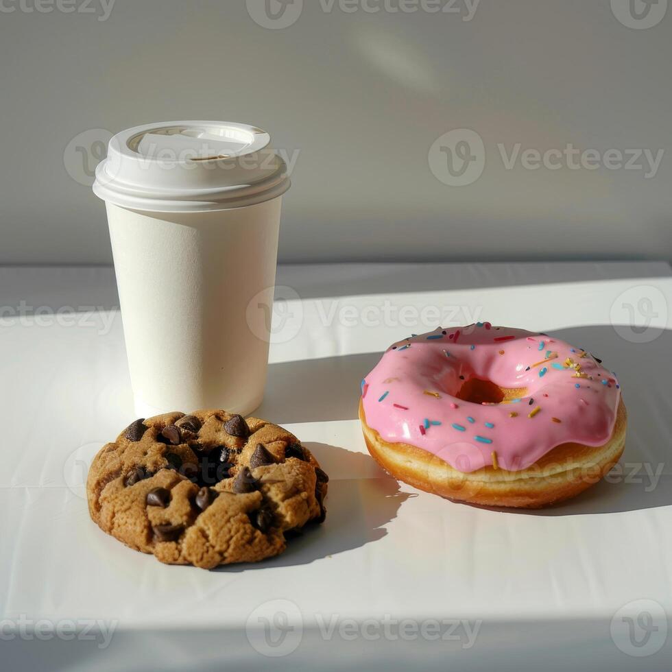 AI generated A cardboard coffee cup and two donuts are on the table photo